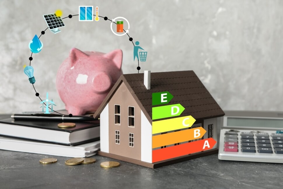 Model,Of,House,,Piggy,Bank,And,Calculator,On,Grey,Background.